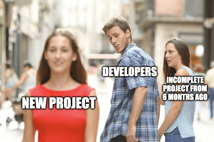 meme showing developers like new libraries and forget about ongoing migrations
